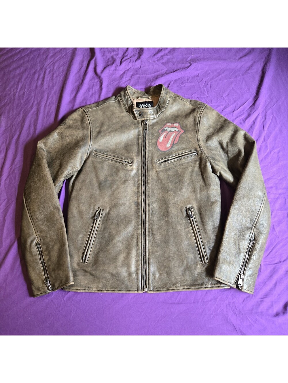 Size SMALL Men's Rolling Stones Washed Leather Bonneville Leather Jacket Brown